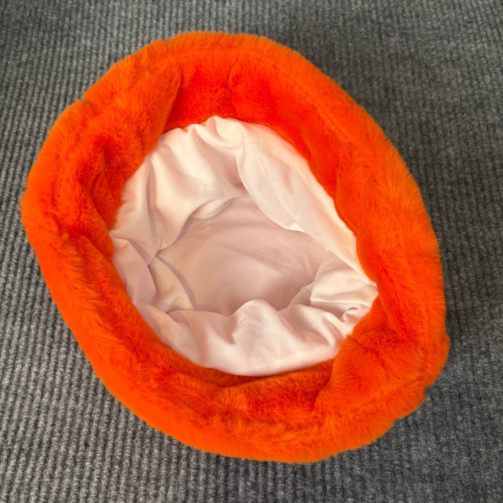 Orange Faux Fur Bucket Hat Plush Fuzzy Soft Winter Festival Statement One Size - Picture 3 of 3